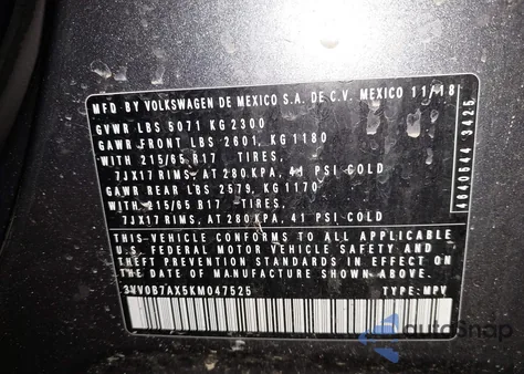 2019 Volkswagen Tiguan 2.0T S z USA, uszkodzony, nr VIN 3VV0B7AX5KM047525